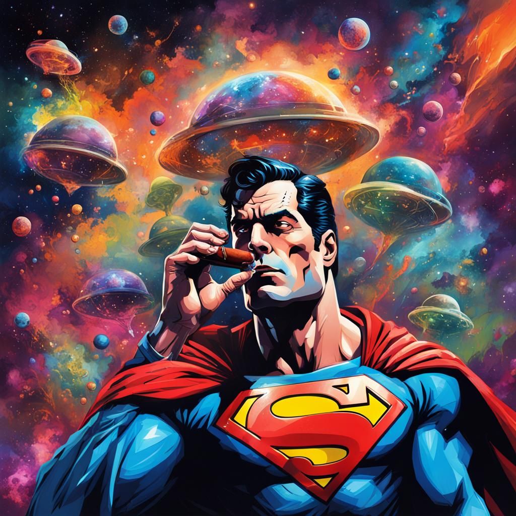 Superman Smoking Cigar in Galaxy Graffiti Art