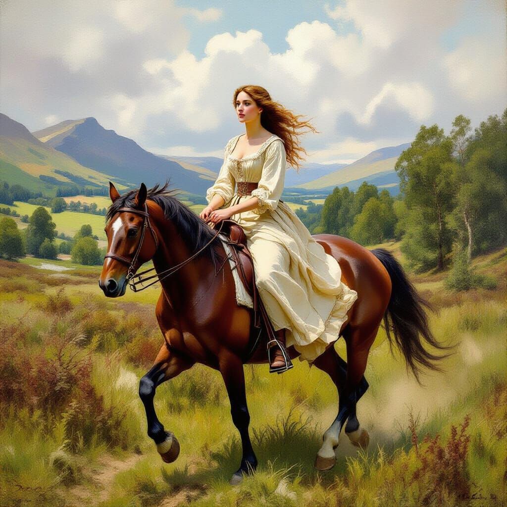 Medieval Woman Rides Horse Through Scotland Impressionistic ...