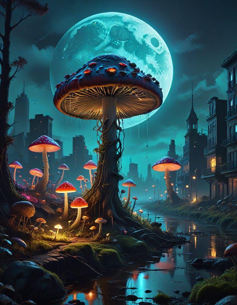 Surrealist Cityscape with Glowing Mushroom Skyscrapers under...