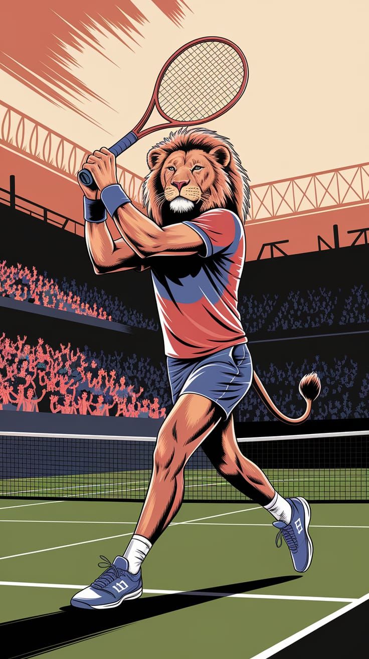 Lion Tennis Player in Stadium, Classic Illustration