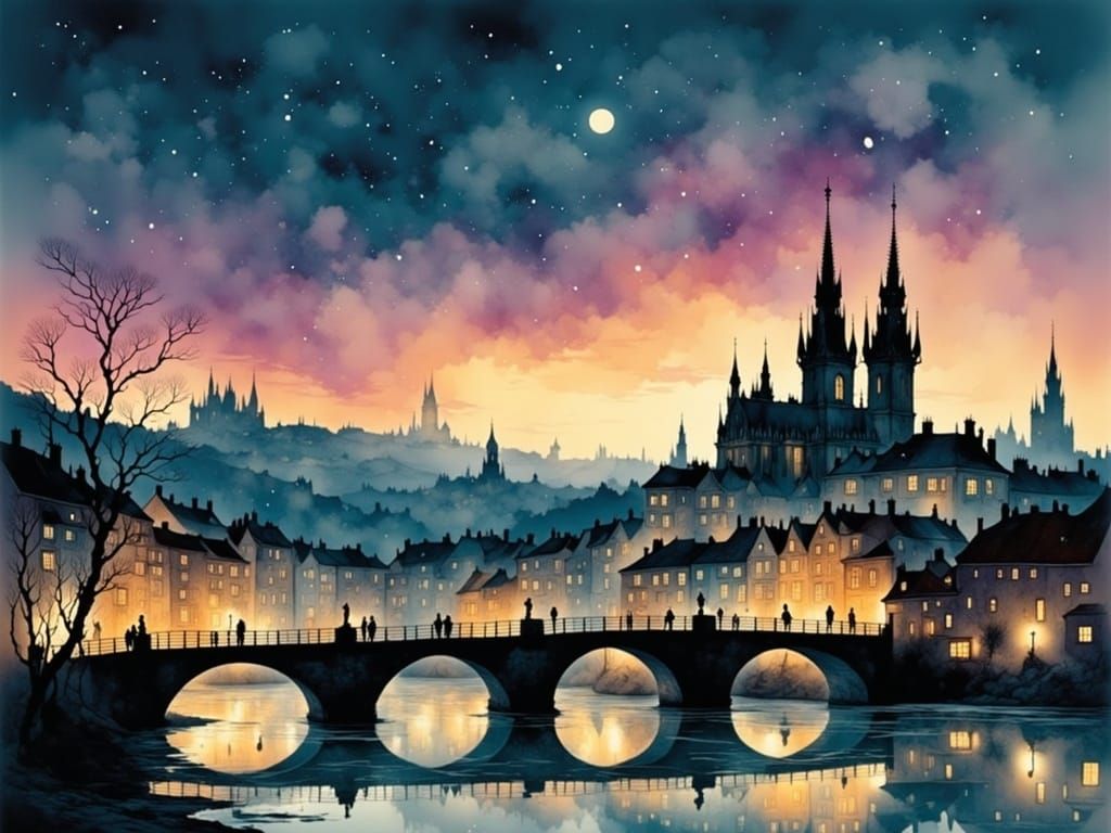 Prague in Soft Evening Light, Silhouette Art