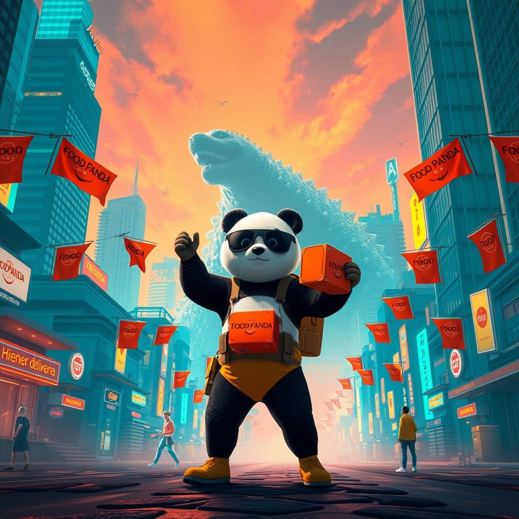 Cyberpunk Hero Food Panda Defies City Monster