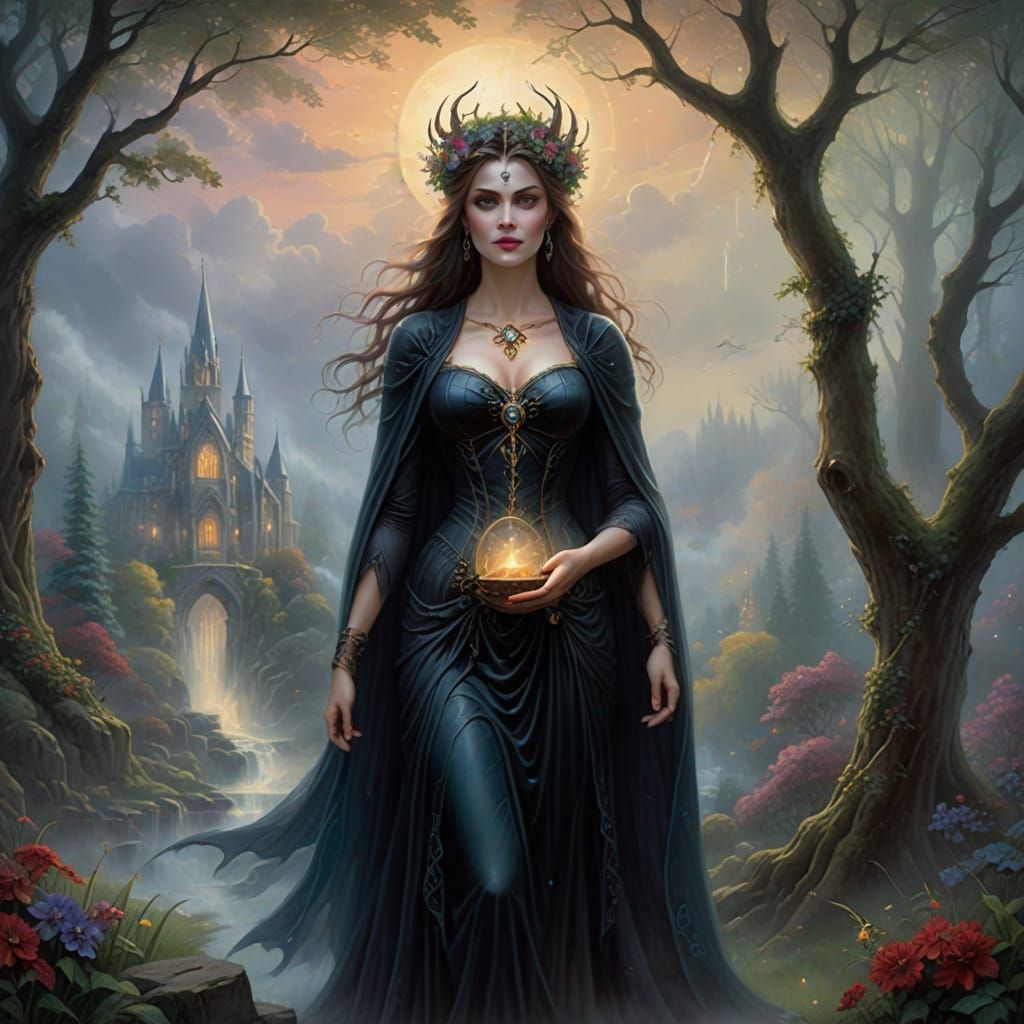 Gothic Wiccan Goddess in Ethereal Fantasy Setting