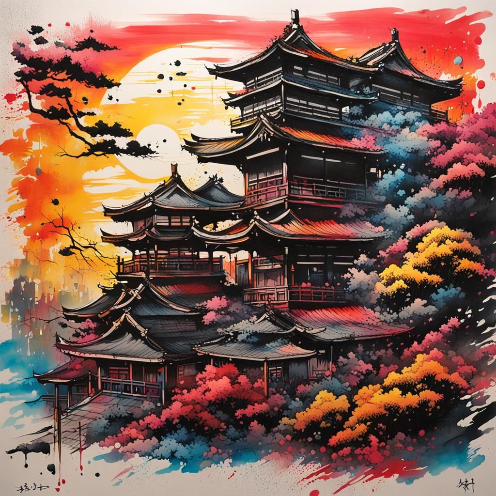 Samurai Legend Japanese Ink Sunset Graffiti Art