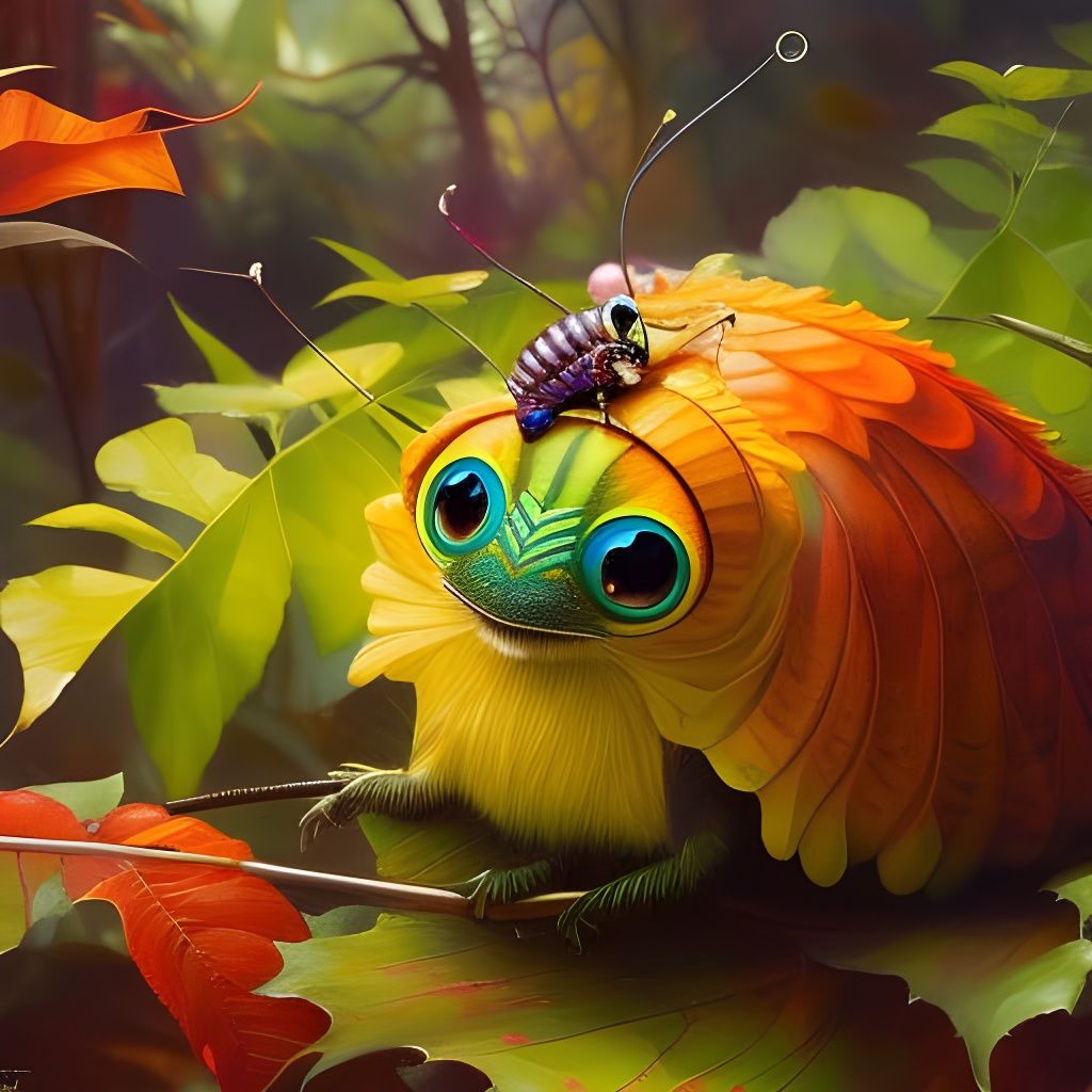 Cute Cartoon Caterpillar on Leaf, Ghibli-Inspired
