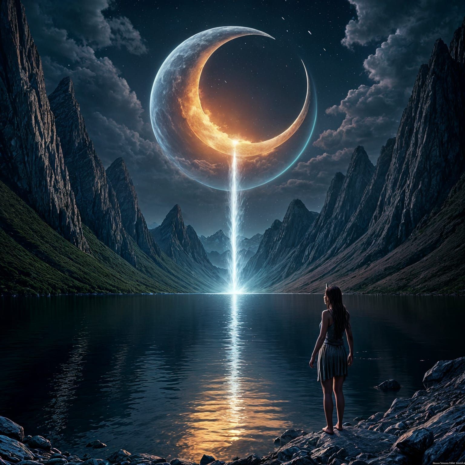 Luminous Moonlit Lake Scene with Fiery Horn