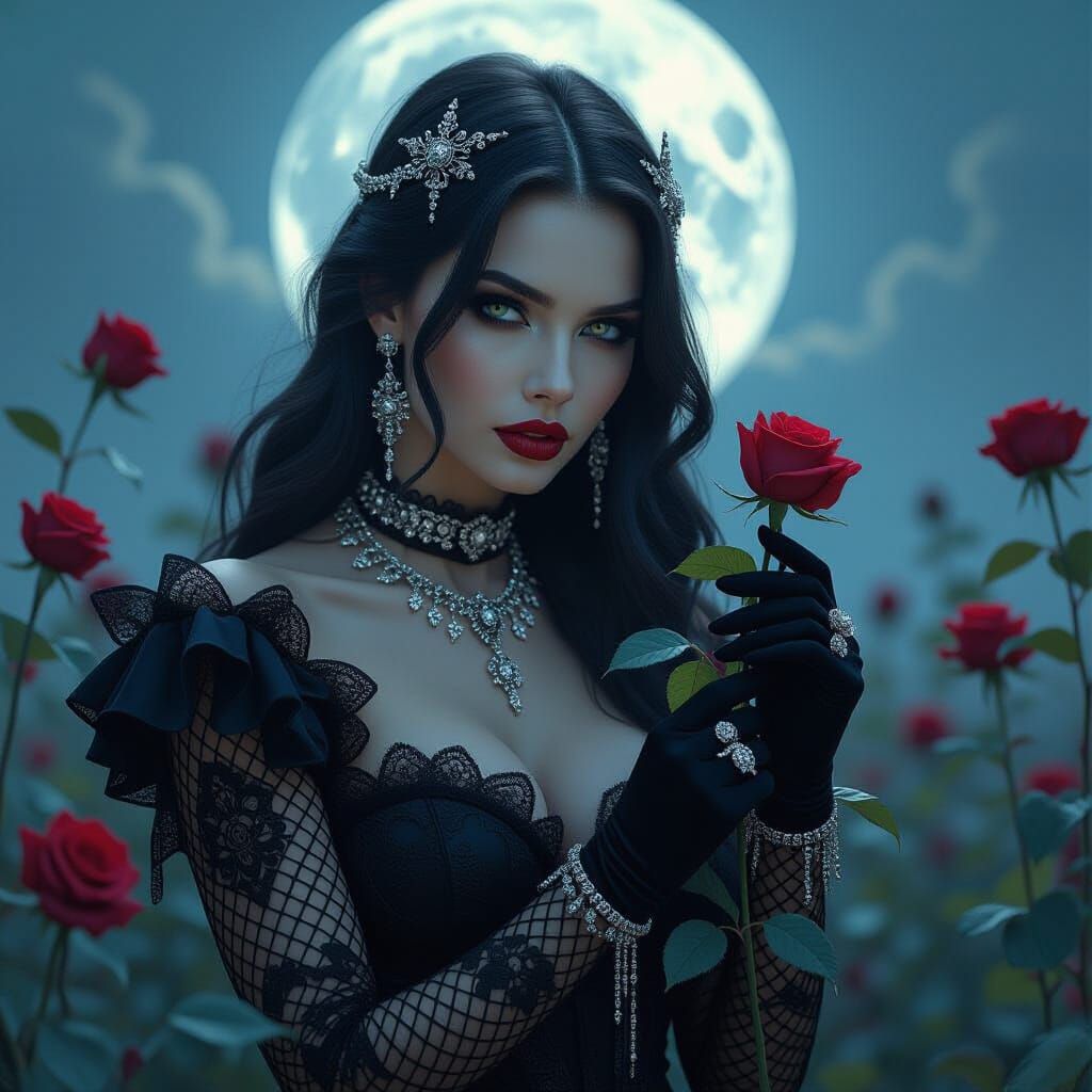 Gothic Woman in Rose Field, Surrealist Style