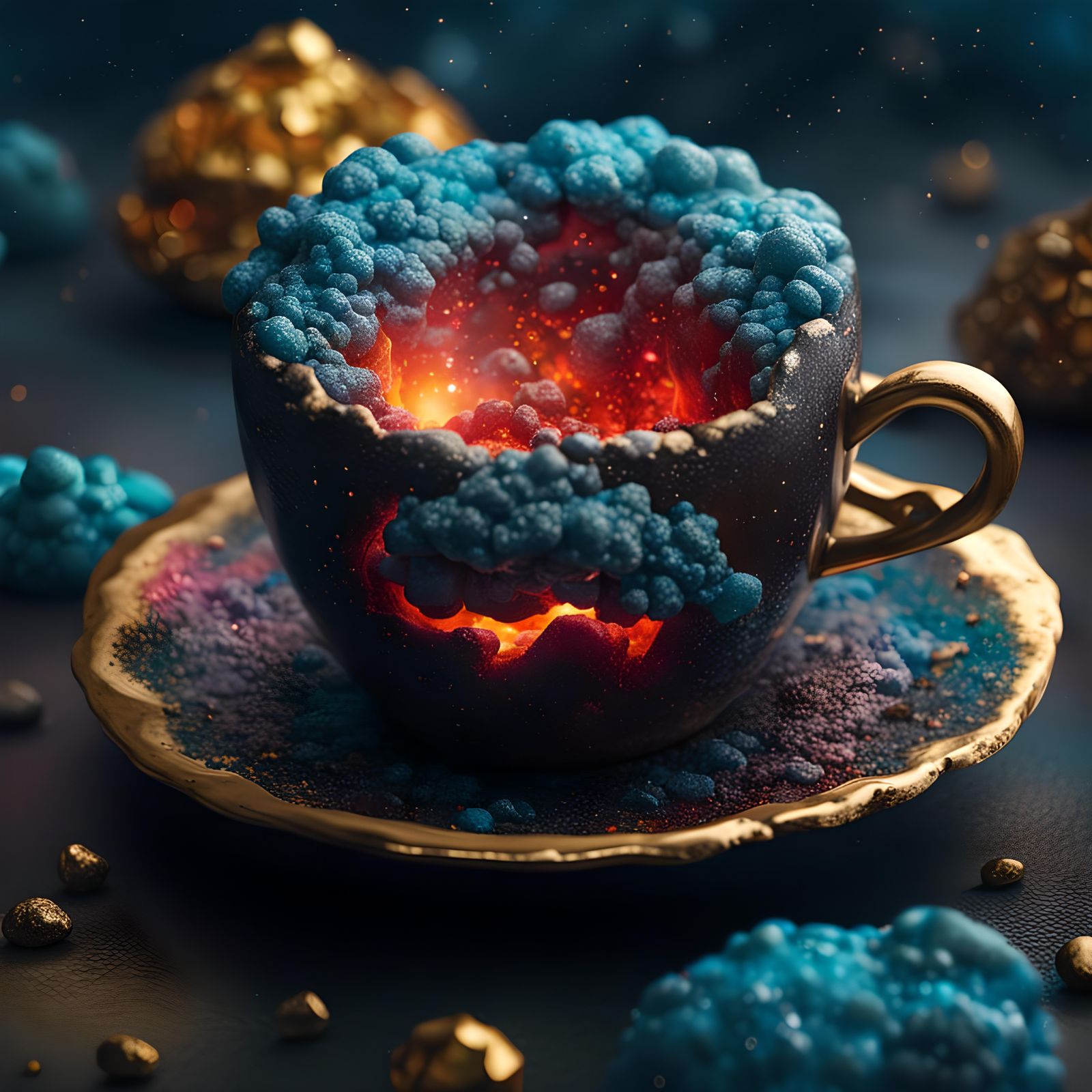 Surreal Teacup in Nebula: A Dreamy Art Nouveau Scene