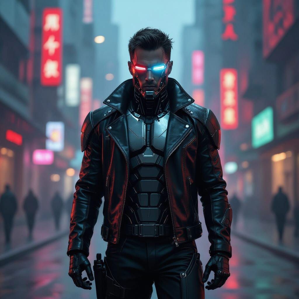 Cyborg Hero in Neon Cityscape: Cyberpunk Style
