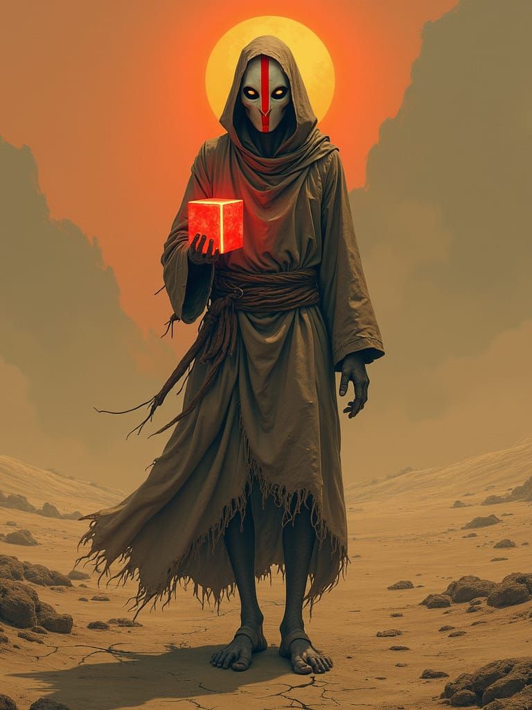 Wasteland Figure with Glowing Cube in Anime Style