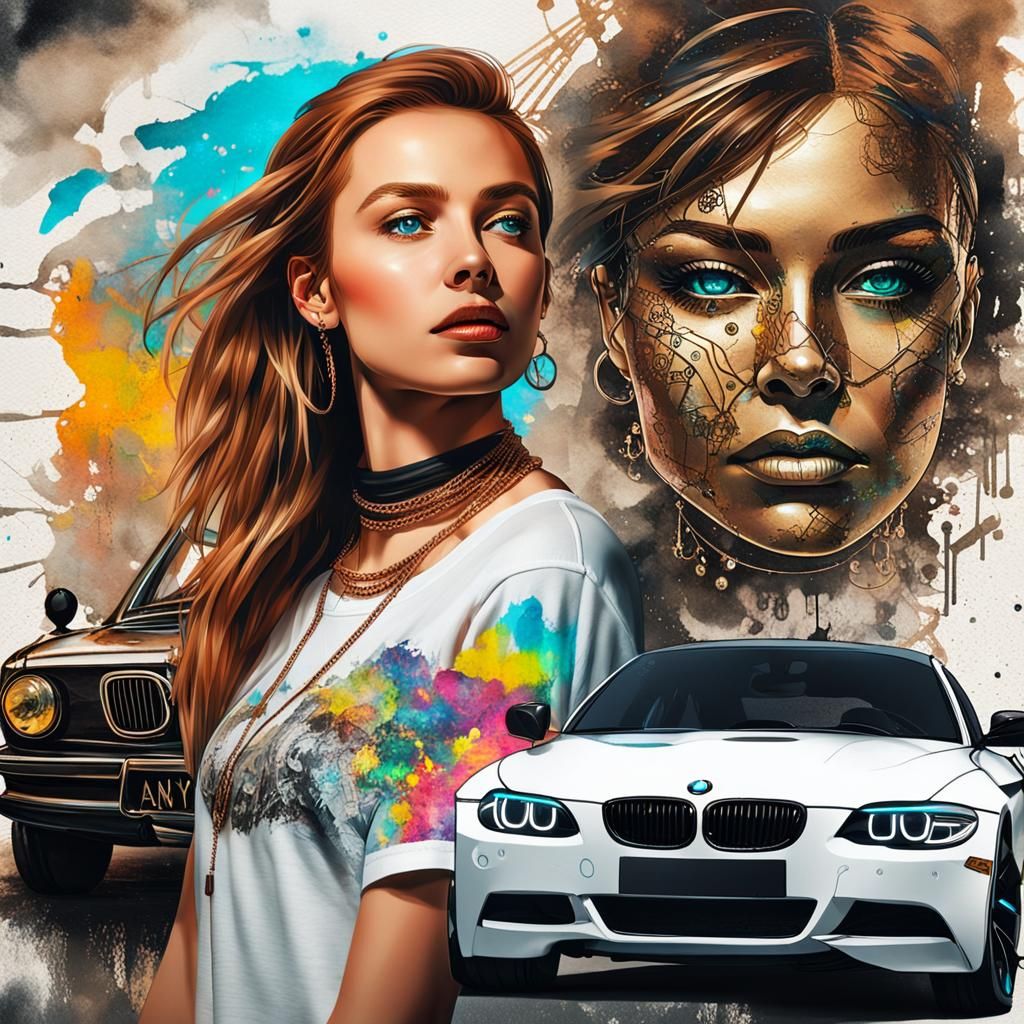 Steampunk Woman Portrait with Futuristic Car Collage