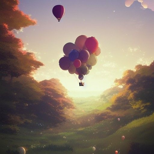 Charming Landscape with Balloons in Anime Style