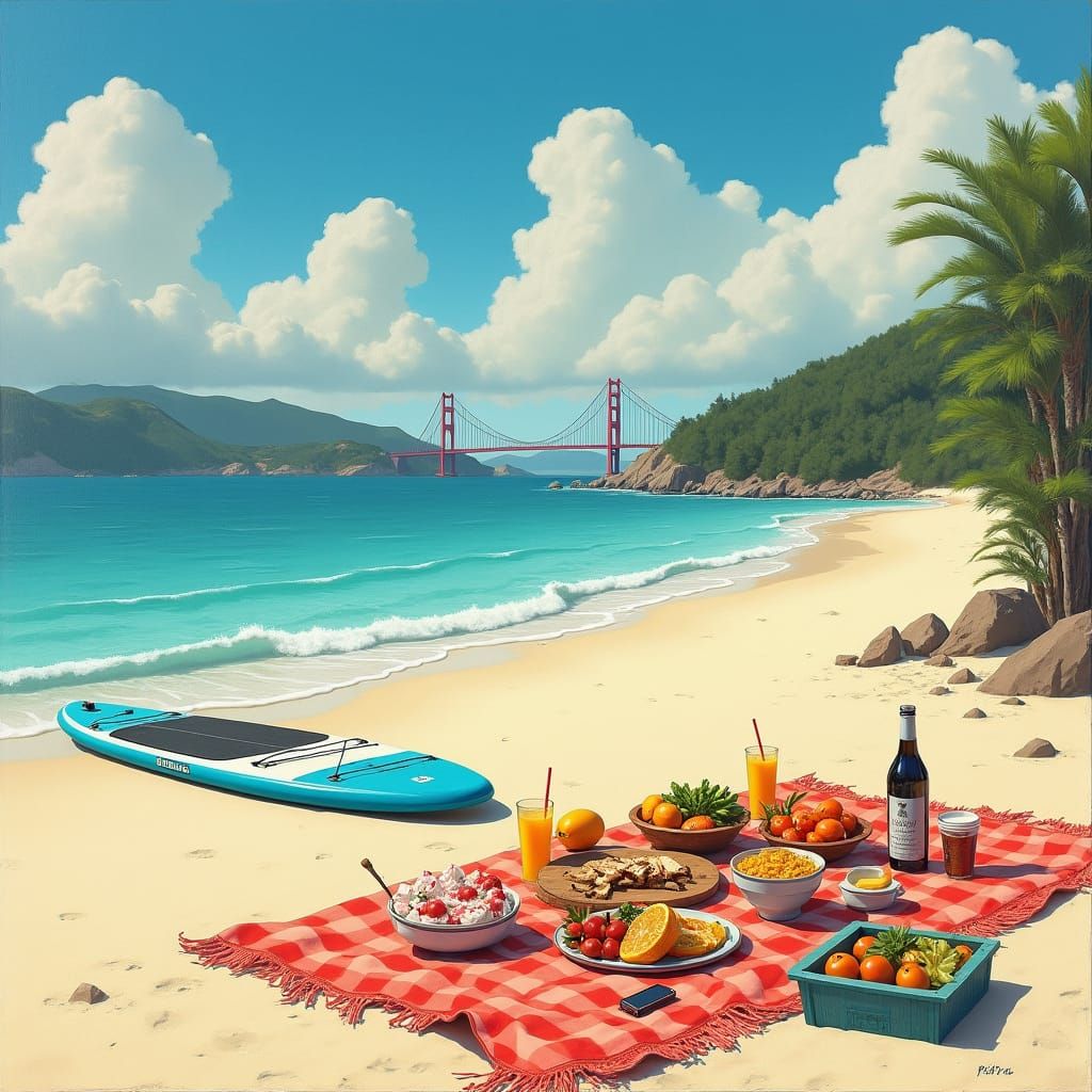 Idyllic Beach with Paddleboard in Impressionist Style