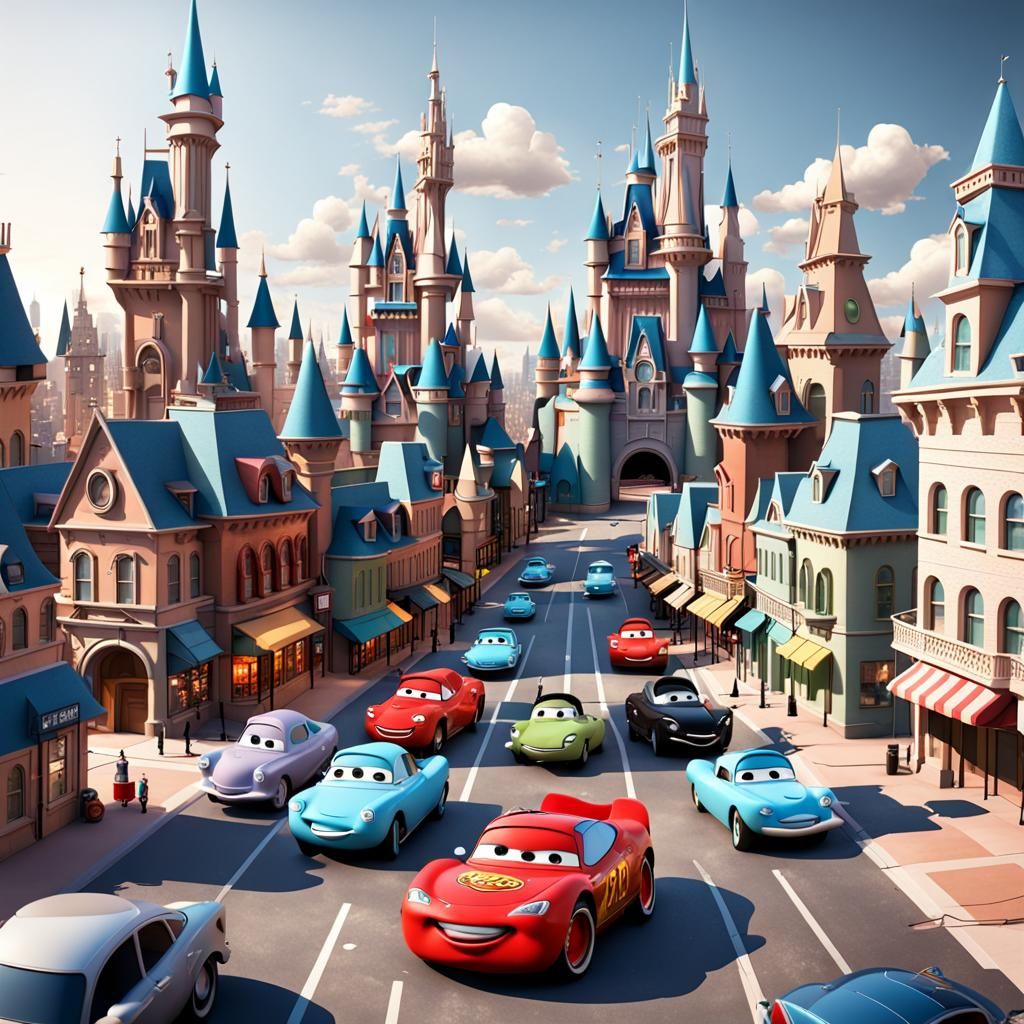 3D Disney-Style Cityscape with Cars