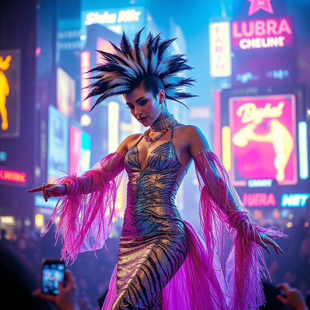 Zebra Showgirl Performs in Neon Synthwave Cityscape