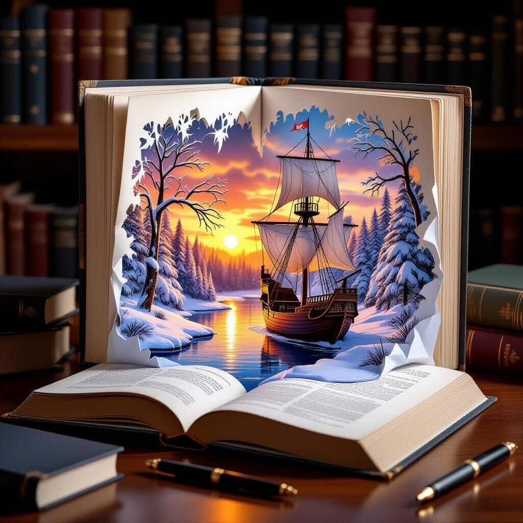 3D Paper Art: Open Book With Majestic Sailing Ship