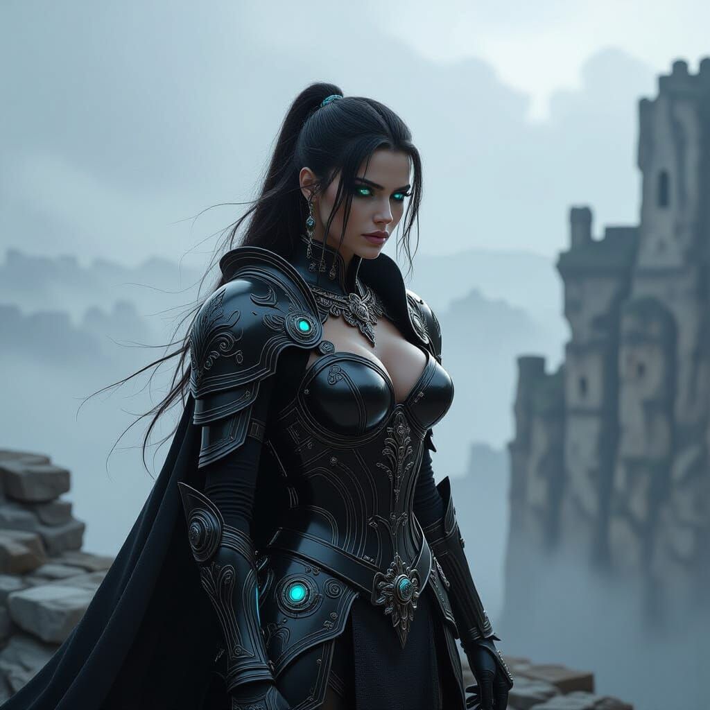 Gothic Warrior on Precipice in Hyperrealistic Concept Art