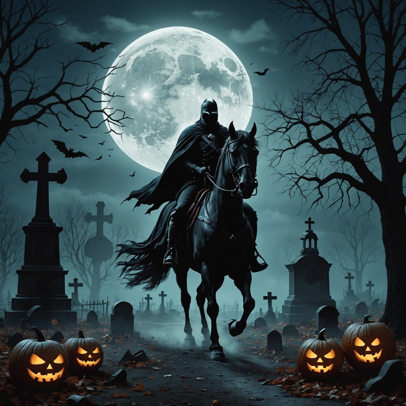 Moonlit Headless Horseman in Cemetery