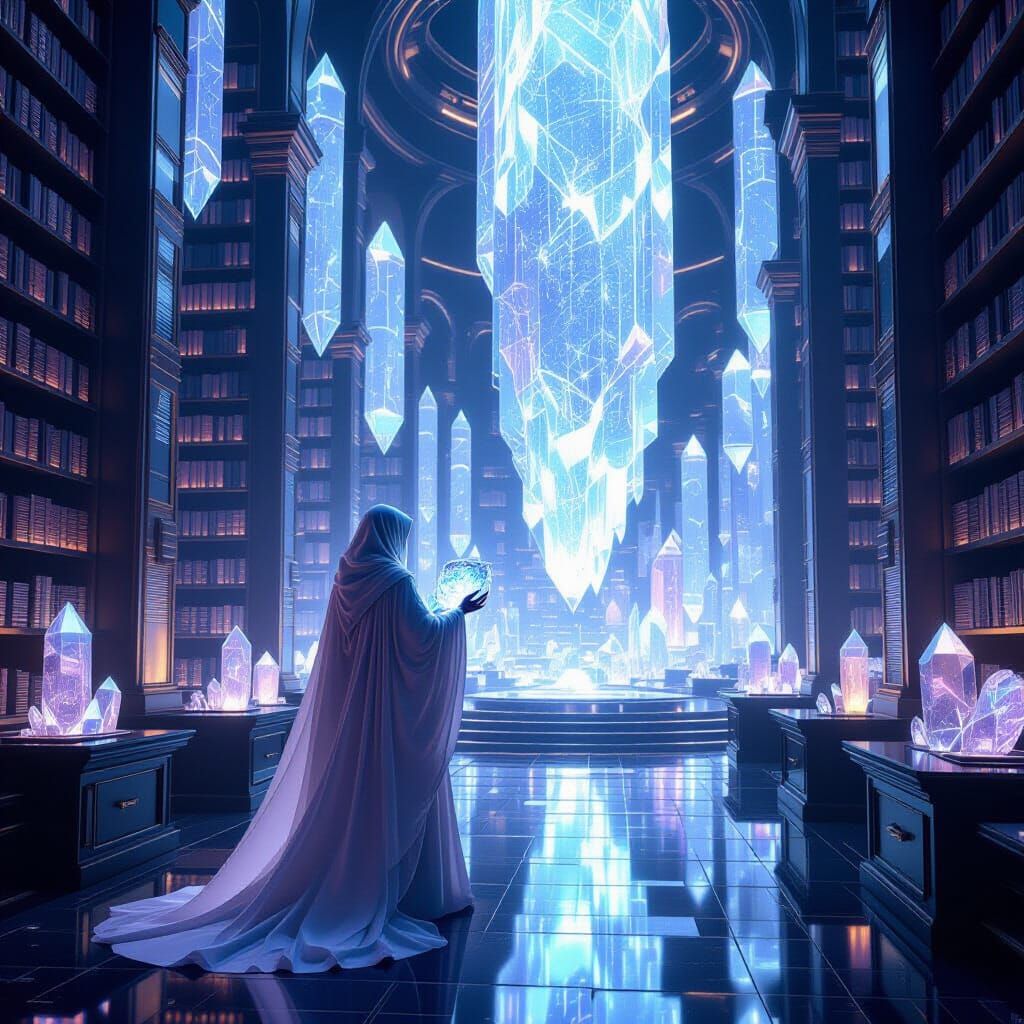 Futuristic Scholar Studies Data Crystal in Ethereal Library