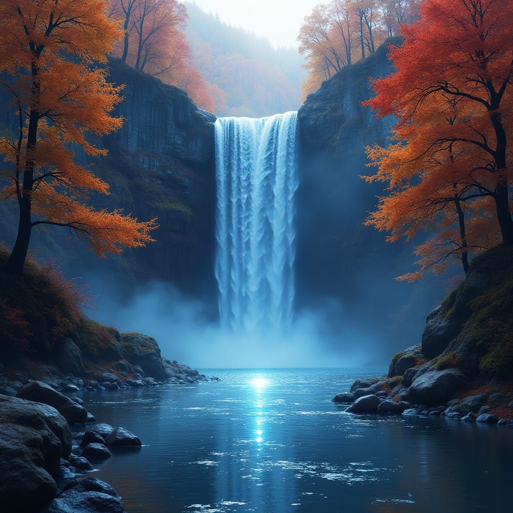Ethereal Autumn Crystal Waterfall in Vibrant Iridescent Hues