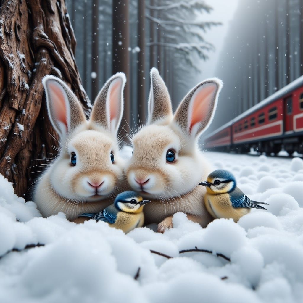 Two Rabbits Snuggle Up in Winter Wonderland Scene