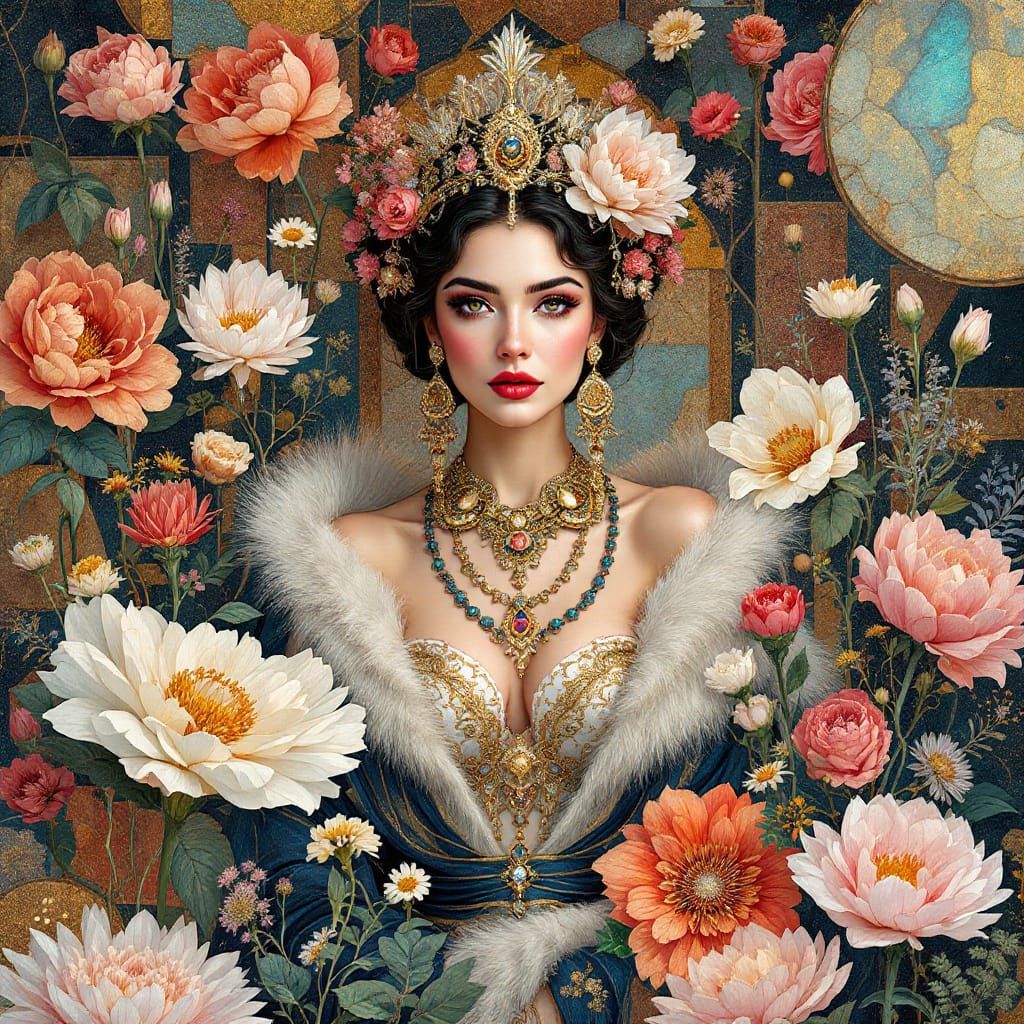Regal Woman in Floral Art Deco Renaissance Portrait