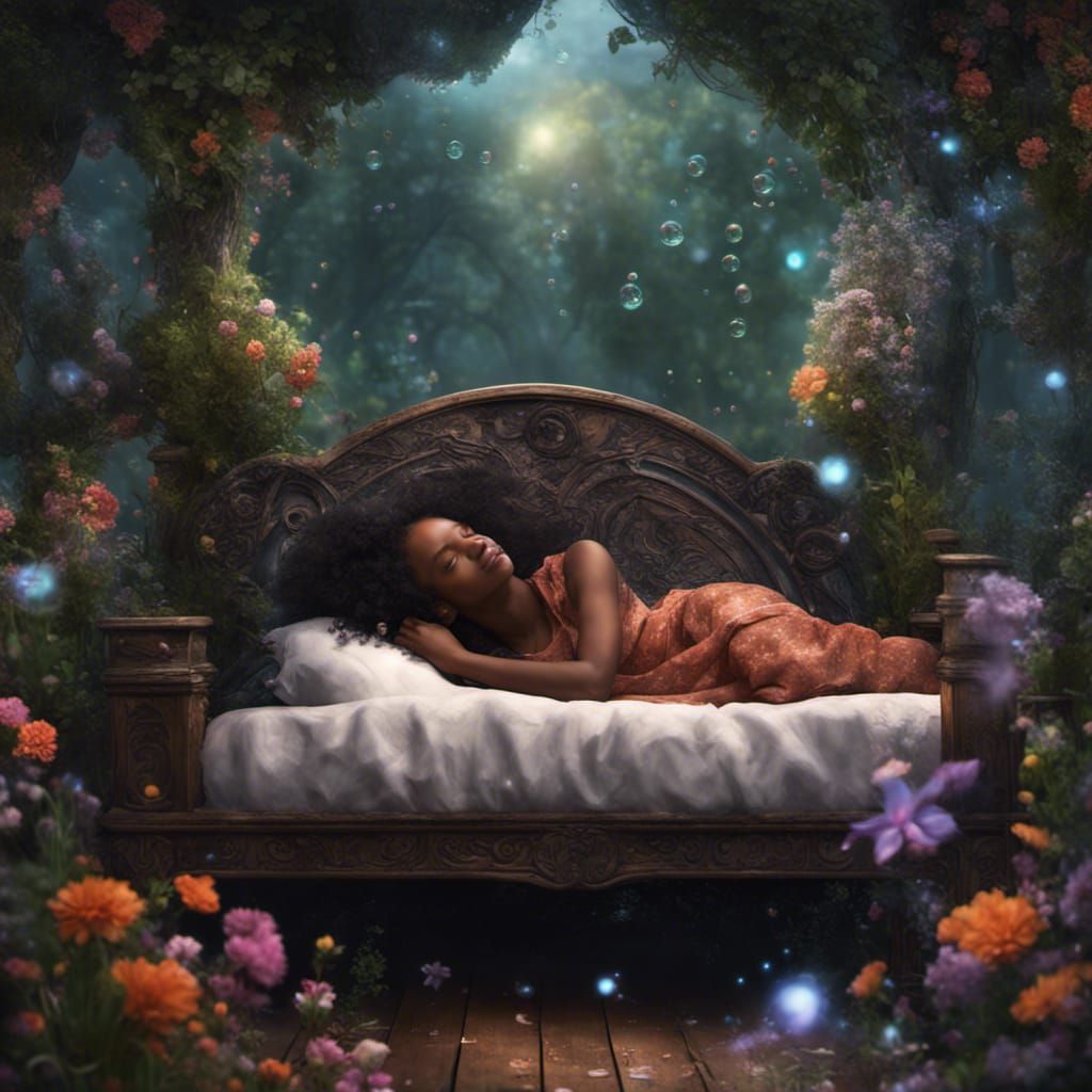 Black Girl Sleeping in Forest with Magical Bubbles