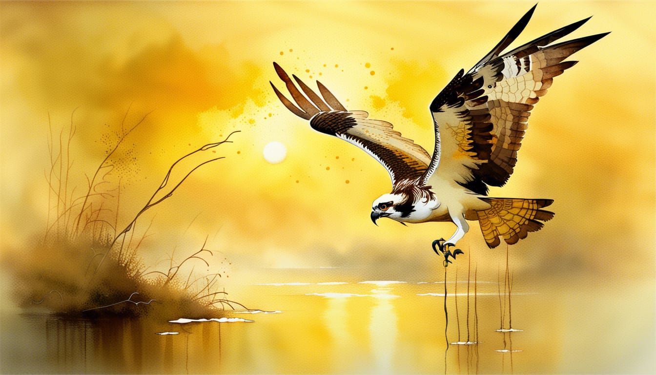 Osprey Fishing at Golden Sunrise: Watercolor Splash Art