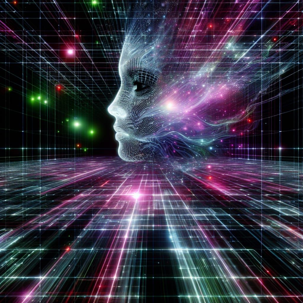 Holographic Face in Digital Cyberpunk Landscape