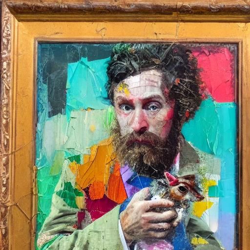 Surreal Portrait with Rabbit Figurine in Assemblage Style