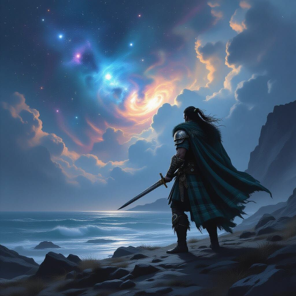Highlander Warrior Under Nebula Sky, Fantasy Concept Art