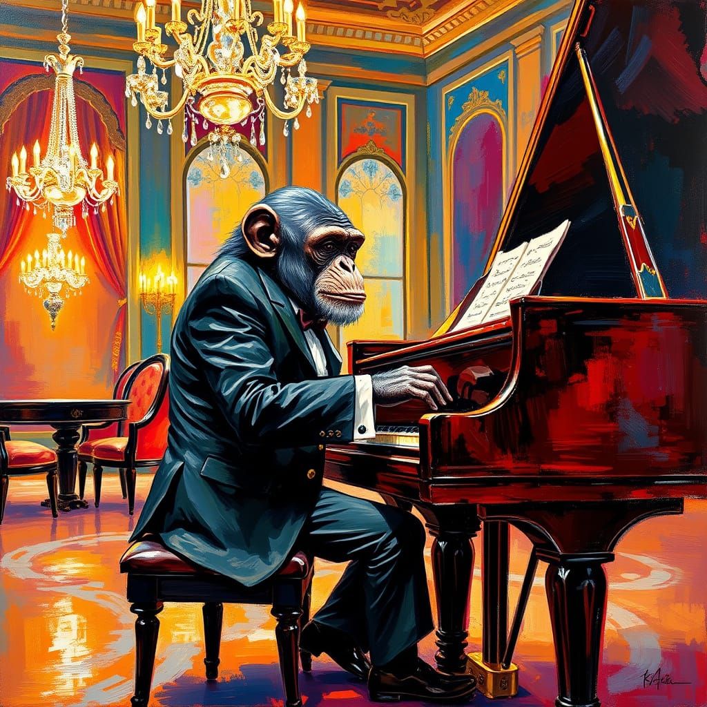 Elegant Chimp Plays Piano in Lavish Ballroom