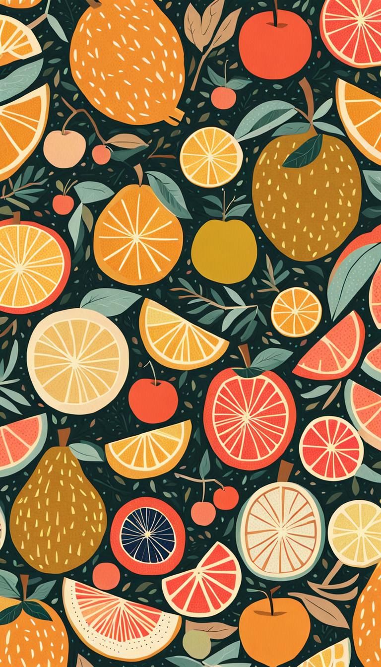 Vintage Fruits Collage in Folk Art Style