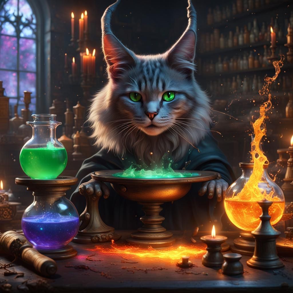 Whimsical Witch Cat Brews Potions in Alchemical Setting