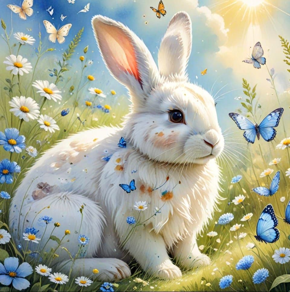 Dreamy Watercolour Bunny Mother and Baby in Spring Meadow