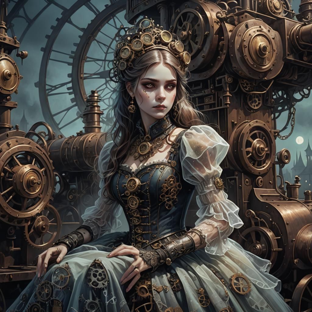 Ghostly Girl on Steampunk Engine in Victorian Setting