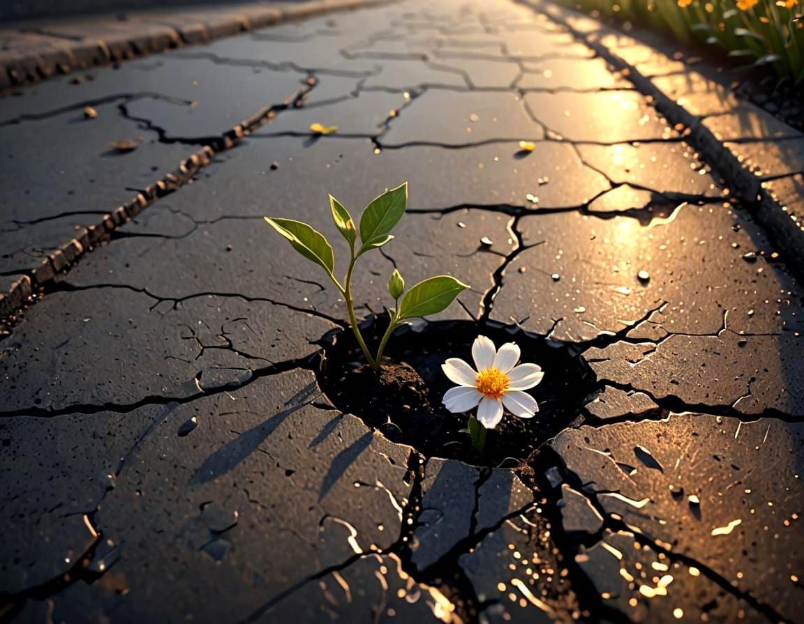 Flower Growing in Asphalt at Sunrise