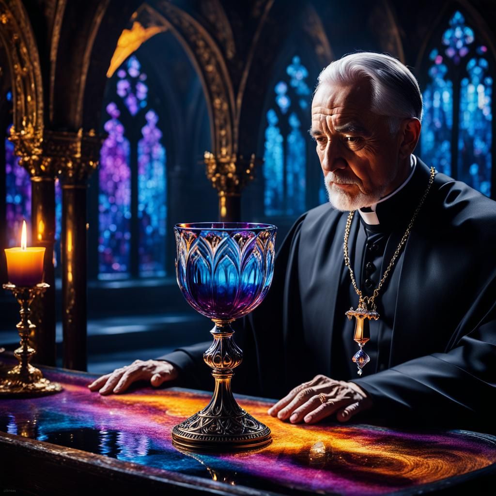 Dark Fantasy Priest Transforms Chalice with Black Liquid