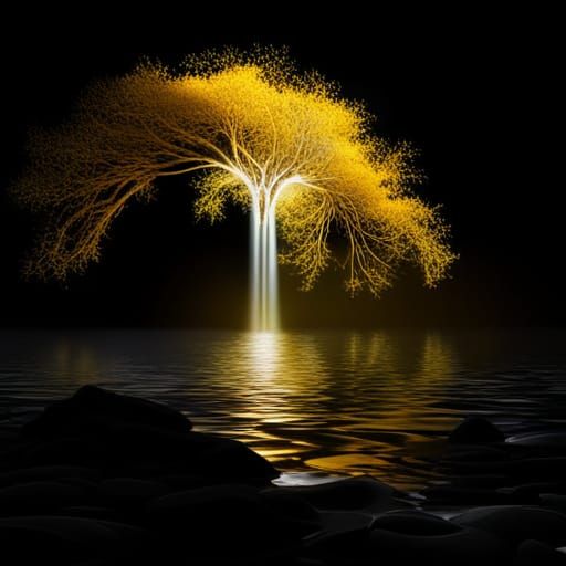 Golden Weeping Tree Reflected in Lake at Night