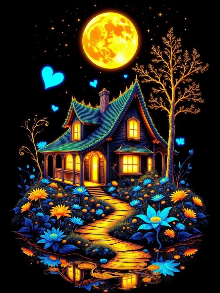 Enchanting Home with Bioluminescent Flora Under Golden Moon