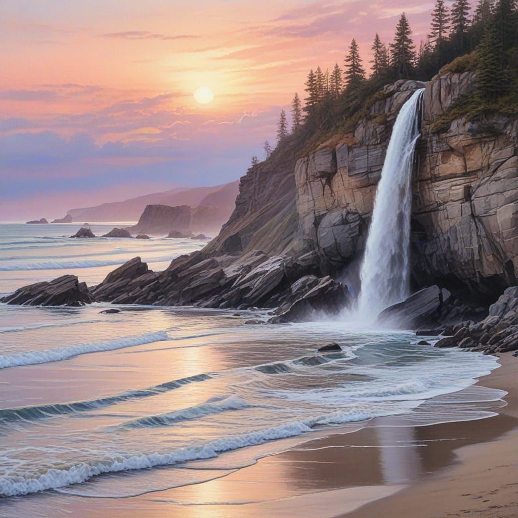 Ethereal Waterfall Scene in Soft Watercolor Hues