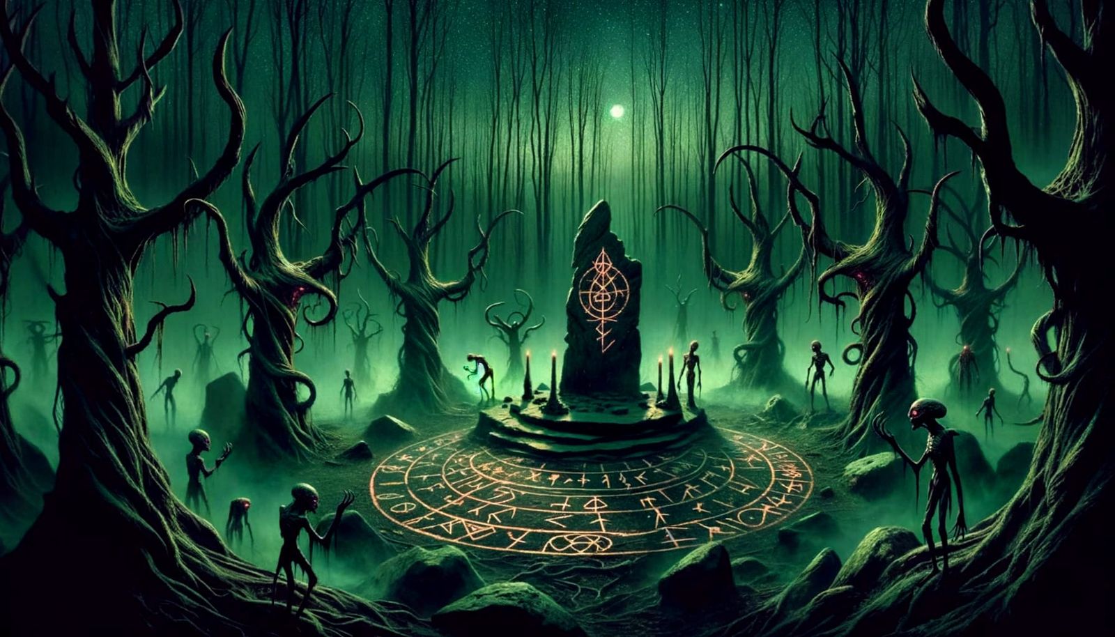 Spooky Forest Altar Under Ominous Sky