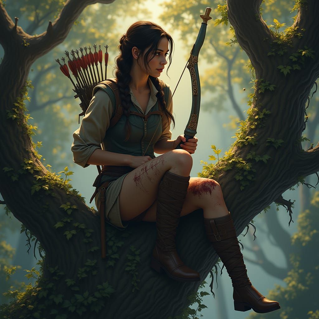 Katniss in Haunting Tree Scene with Golden Bow and Dagger Ti...
