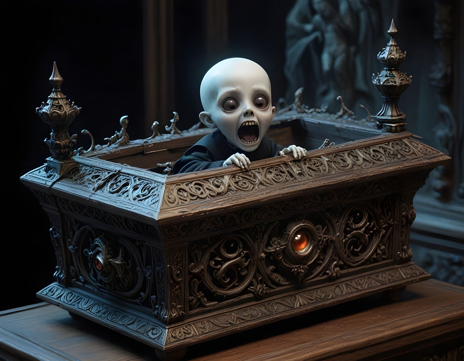 Chibi Ghost Boy Emerges from Coffin in Gothicpunk Style