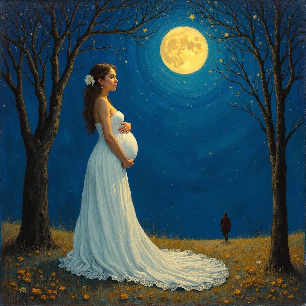 Pregnant Woman Under Stars in Impressionistic Style