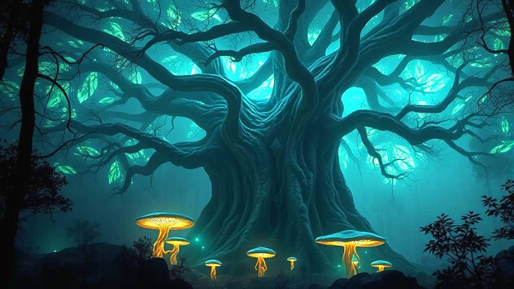 Ethereal Forest With Giant Bioluminescent Tree