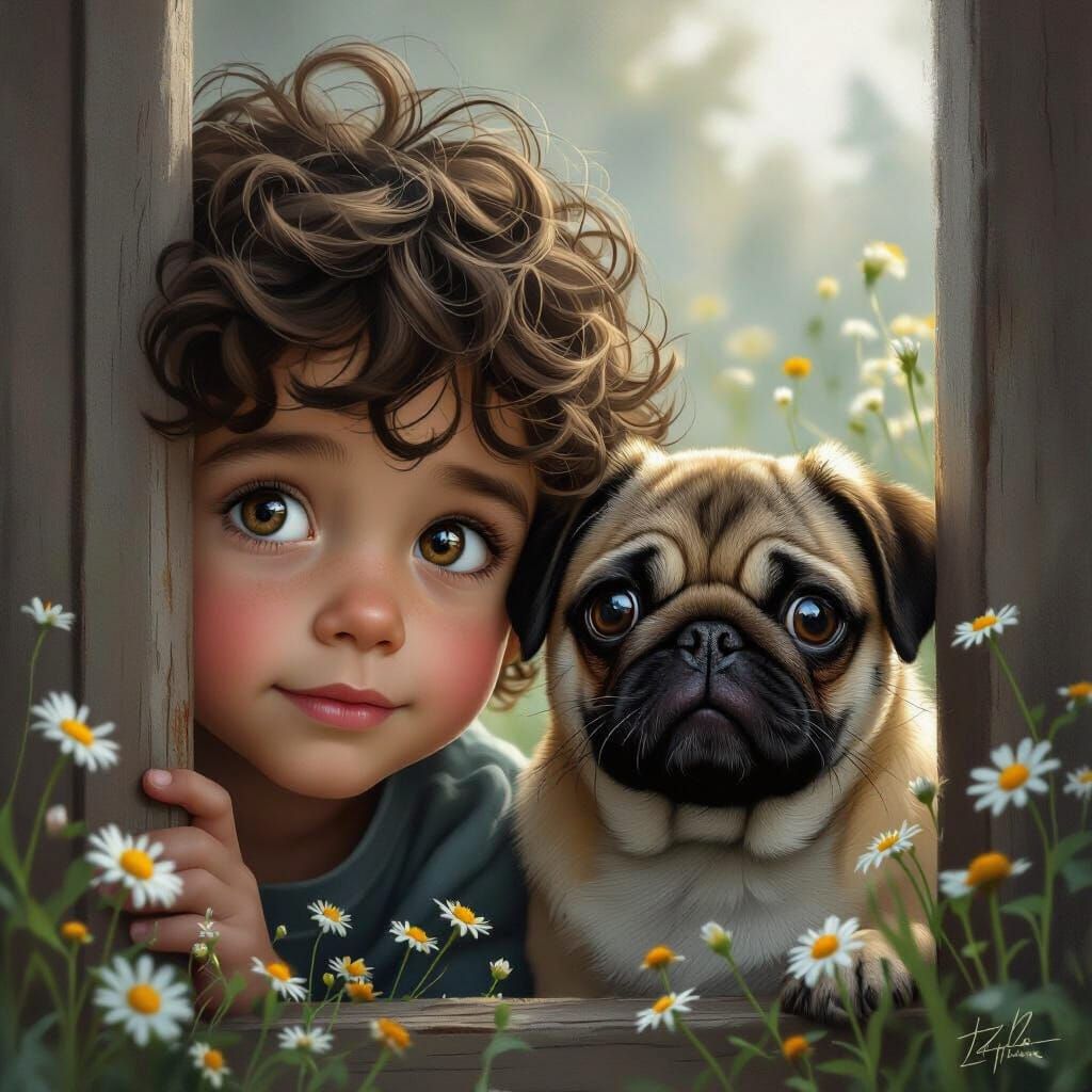Curious Boy and Pug Peeking from Door in Ethereal Fantasy