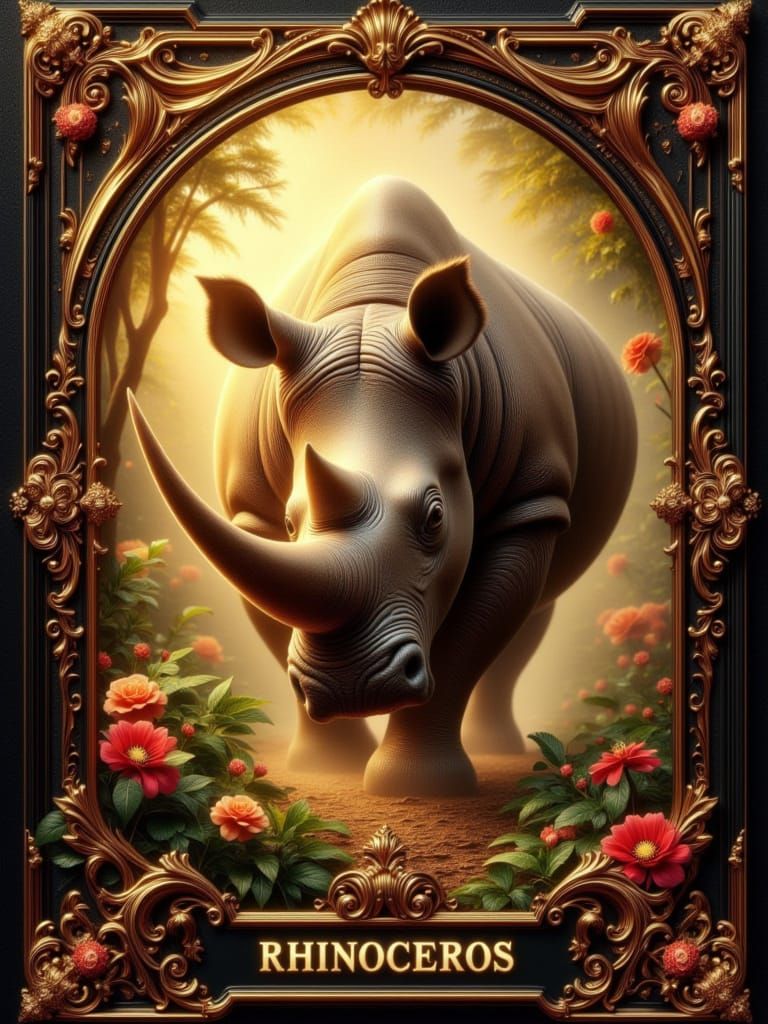 Magnificent Rhinoceros Trading Card in Baroque Style
