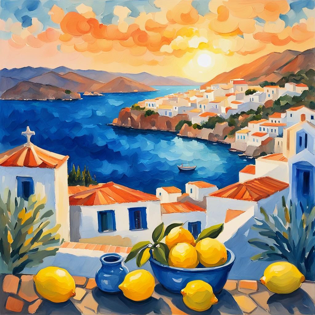 Greek Island Sunset in Gouache and Watercolor Style