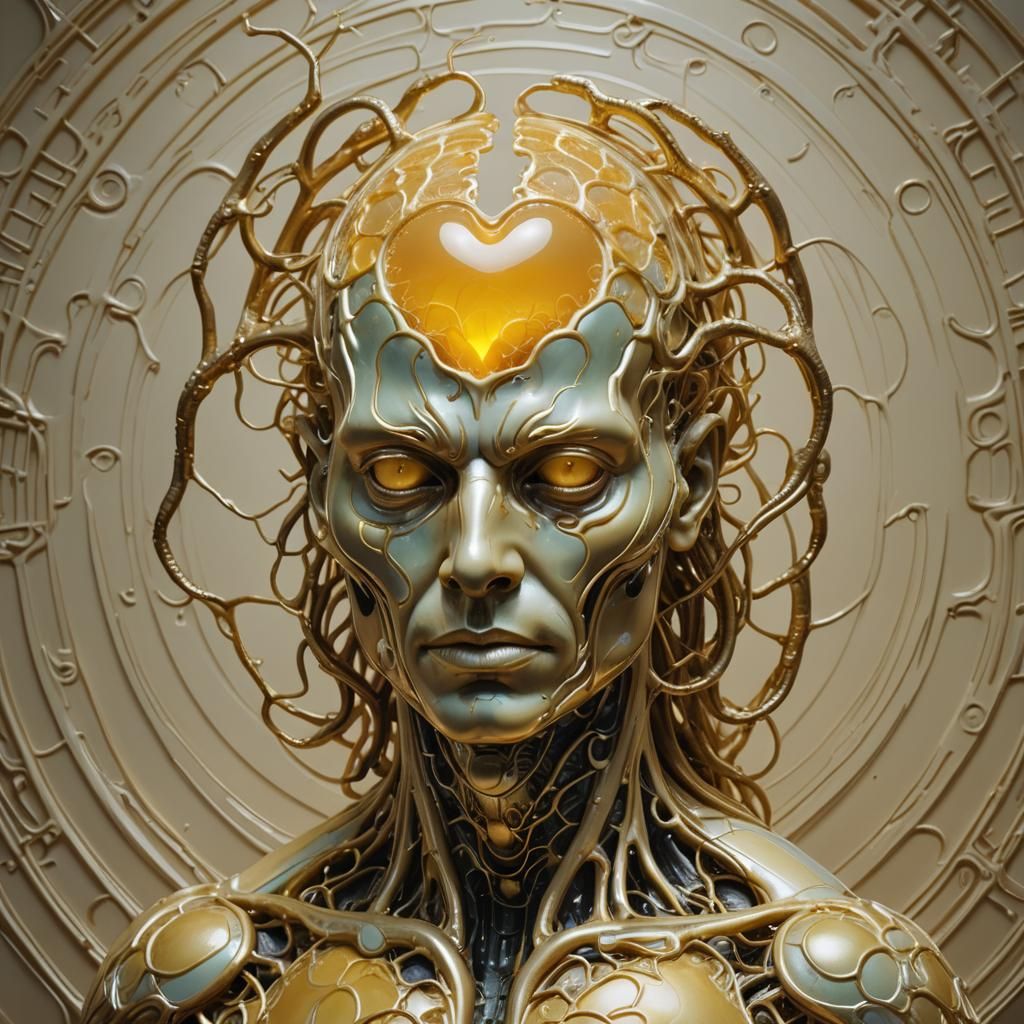 Ethereal Golden Brain and Heart Sculpture in Egg Yolk Textur...